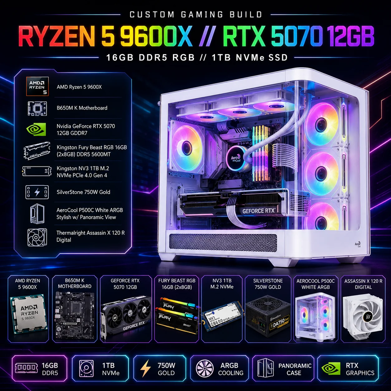 AMD RYZEN 5 9600X // RTX 5070 12GB // (8X2GB) RAM DDR5 - PC Build