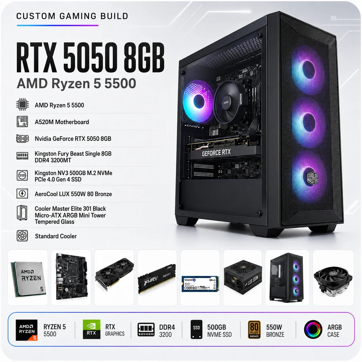 AMD Ryzen 5 5500 // RTX 5050 8GB // 8GB RAM- Custom Build