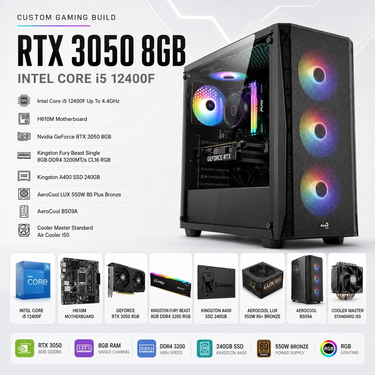 INTEL CORE i5 12400F // RTX 3050 8GB // 8GB RAM DDR4 - Custom Build