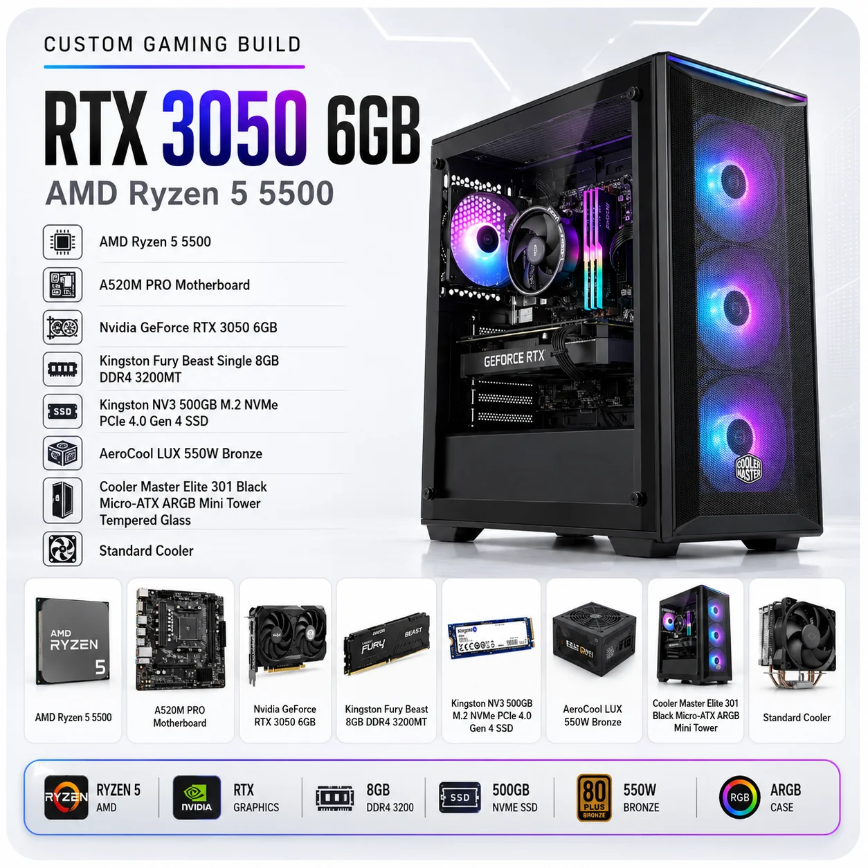 AMD Ryzen 5 5500 // RTX 3050 6GB // 8GB RAM- Custom Build
